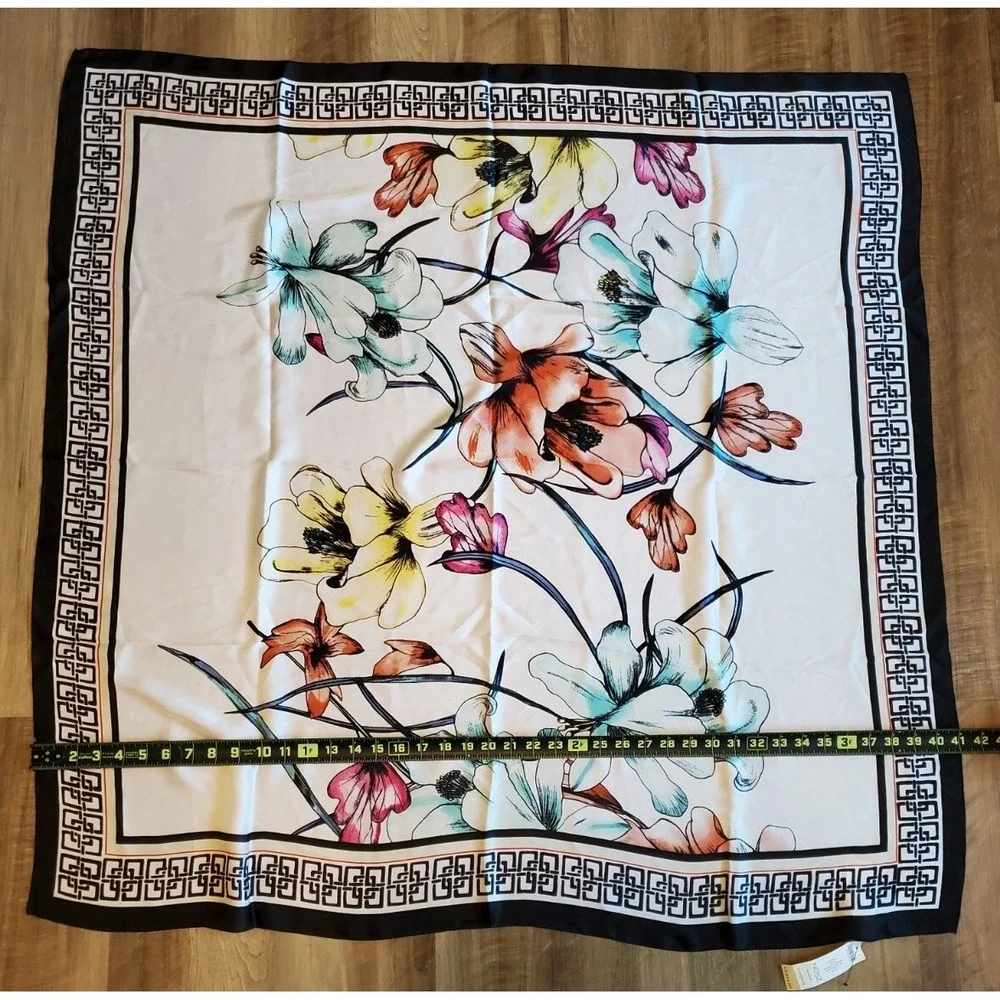Chicos‎ Large Square Scarf Satin Floral with Black Geometric Border NEW with Tag